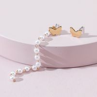 European And American Jewelry Butterfly Pearl Chain Stud Earrings Asymmetrical Earrings sku image 1