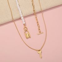 Factory Direct Sales European And American Simple Cold Style Love Lock Metal Necklace Creative All-match Pearl Buckle Multi-layer Necklace main image 5