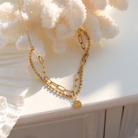 Lucky Round Brand Double Layer Necklace, Bracelet Set Round Beads Necklace Clavicle Chain Titanium Steel 18k Gold Plating P853-e184 main image 1