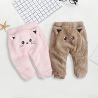 Solid Color Cute Cat Flannel Autumn And Winter Trousers Children Warm Thick Pants main image 2