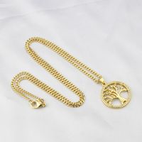 New Gold-plated Copper Zircon Tree Of Life Necklace Hollow Tree-shaped Round Pendant main image 5