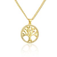 New Gold-plated Copper Zircon Tree Of Life Necklace Hollow Tree-shaped Round Pendant main image 6