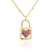 American New Inlaid Zirconium Heart-shaped Lock Copper Necklace sku image 1