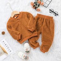 Autumn And Winter Wool Sweater Suit Solid Color Children's Round Neck Top And Trousers Two-piece sku image 1