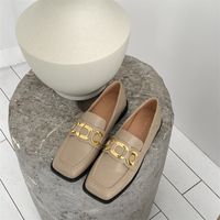 New Fashion Casual Leather Shoes Low-heel Square-toe Metal Chain Women's Single Shoes sku image 11
