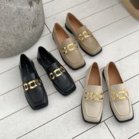 New Fashion Casual Leather Shoes Low-heel Square-toe Metal Chain Women's Single Shoes main image 2