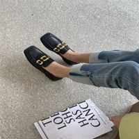New Fashion Casual Leather Shoes Low-heel Square-toe Metal Chain Women's Single Shoes main image 4