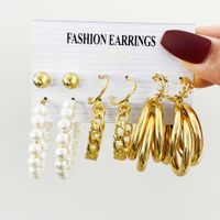 New Creative Retro Pearl Earrings Circle Chain Earrings 6 Sets main image 2