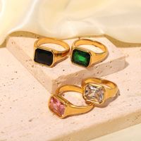 Retro 18k Gold Plated Square Zircon Stainless Steel Square Pink Green Zircon Glossy Ring main image 1
