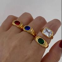 Retro 18k Gold Plated Square Zircon Stainless Steel Square Pink Green Zircon Glossy Ring main image 3