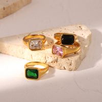 Retro 18k Gold Plated Square Zircon Stainless Steel Square Pink Green Zircon Glossy Ring main image 4