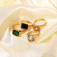 Retro 18k Gold Plated Square Zircon Stainless Steel Square Pink Green Zircon Glossy Ring main image 5