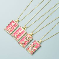 Fashion Copper Micro-inlaid Zircon Drop Oil Pink Tarot Pattern Square Necklace main image 3