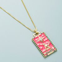 Fashion Copper Micro-inlaid Zircon Drop Oil Pink Tarot Pattern Square Necklace main image 4