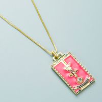 Fashion Copper Micro-inlaid Zircon Drop Oil Pink Tarot Pattern Square Necklace main image 5