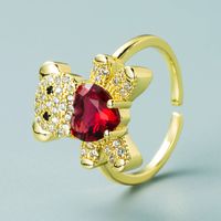 European And American Copper-plated Real Gold Heart-shaped Micro-inlaid Zircon Bear Ring main image 6