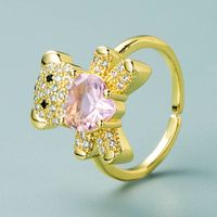 European And American Copper-plated Real Gold Heart-shaped Micro-inlaid Zircon Bear Ring main image 7