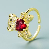 European And American Copper-plated Real Gold Heart-shaped Micro-inlaid Zircon Bear Ring sku image 3