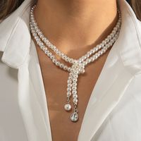 Jewelry Retro Imitation Pearl Drop Rhinestone Pendant Clavicle Beaded Woven Double Layer Necklace main image 2