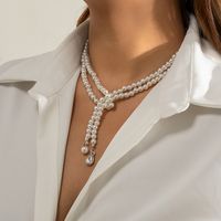 Jewelry Retro Imitation Pearl Drop Rhinestone Pendant Clavicle Beaded Woven Double Layer Necklace main image 3