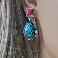 Retro Inlaid Red Flower Blue Turquoise Earrings New Earrings main image 3