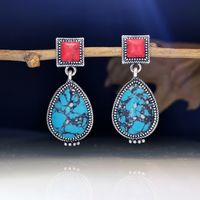 Retro Inlaid Red Flower Blue Turquoise Earrings New Earrings main image 4