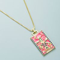 Fashion Copper Micro-inlaid Zircon Drop Oil Pink Tarot Pattern Square Necklace sku image 1