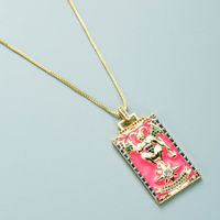 Fashion Copper Micro-inlaid Zircon Drop Oil Pink Tarot Pattern Square Necklace sku image 4