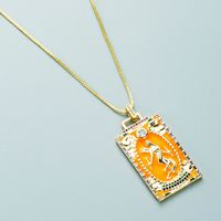 Fashion Copper Micro-inlaid Zircon Orange Tarot Card Pattern Square Pendant Necklace sku image 1