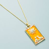 Fashion Copper Micro-inlaid Zircon Orange Tarot Card Pattern Square Pendant Necklace sku image 2
