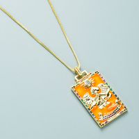 Fashion Copper Micro-inlaid Zircon Orange Tarot Card Pattern Square Pendant Necklace sku image 4
