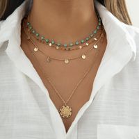 Simple Thin Chain Turquoise Beaded Flower Plate Pendant Tassel Sequin Necklace sku image 1