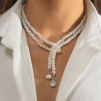 Jewelry Retro Imitation Pearl Drop Rhinestone Pendant Clavicle Beaded Woven Double Layer Necklace sku image 1