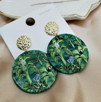 Green Rainforest Animals Plants Embossed Printed Earrings sku image 1