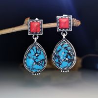 Retro Inlaid Red Flower Blue Turquoise Earrings New Earrings sku image 1