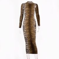 High Neck Leopard Long-sleeved Printed Dress Long Skirt Dress sku image 2
