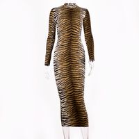 High Neck Leopard Long-sleeved Printed Dress Long Skirt Dress sku image 1