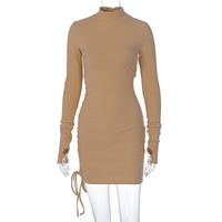 Long Sleeve Color Temperament Drawstring Waist High-neck Slim Dress sku image 7