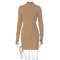 Long Sleeve Color Temperament Drawstring Waist High-neck Slim Dress sku image 8