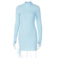 Long Sleeve Color Temperament Drawstring Waist High-neck Slim Dress sku image 10