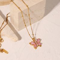 New 18k Gold-plated Stainless Steel Pink Zircon Butterfly Shape Pendant Necklace main image 2