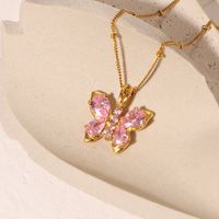 New 18k Gold-plated Stainless Steel Pink Zircon Butterfly Shape Pendant Necklace main image 4