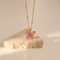 New 18k Gold-plated Stainless Steel Pink Zircon Butterfly Shape Pendant Necklace main image 5