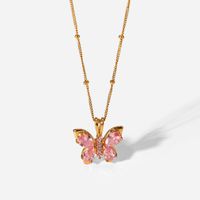 New 18k Gold-plated Stainless Steel Pink Zircon Butterfly Shape Pendant Necklace main image 6