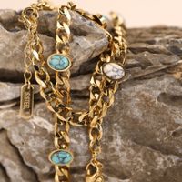 Natural Stone Inlaid Oval Turquoise Titanium Steel Cuban Chain Bracelet main image 1