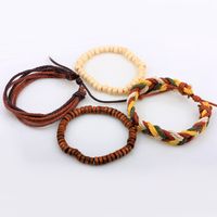 Simple Round Wooden Beads Leather String Beaded Bracelet main image 4