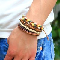 Simple Round Wooden Beads Leather String Beaded Bracelet main image 5