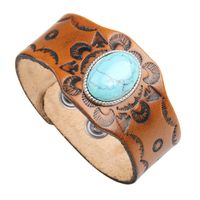 Wide Leather Bracelet Embossed Snap Button Turquoise Couple Bracelet main image 1