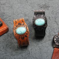 Wide Leather Bracelet Embossed Snap Button Turquoise Couple Bracelet main image 3