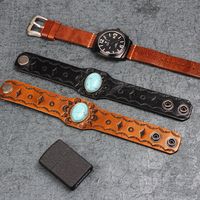 Wide Leather Bracelet Embossed Snap Button Turquoise Couple Bracelet main image 5
